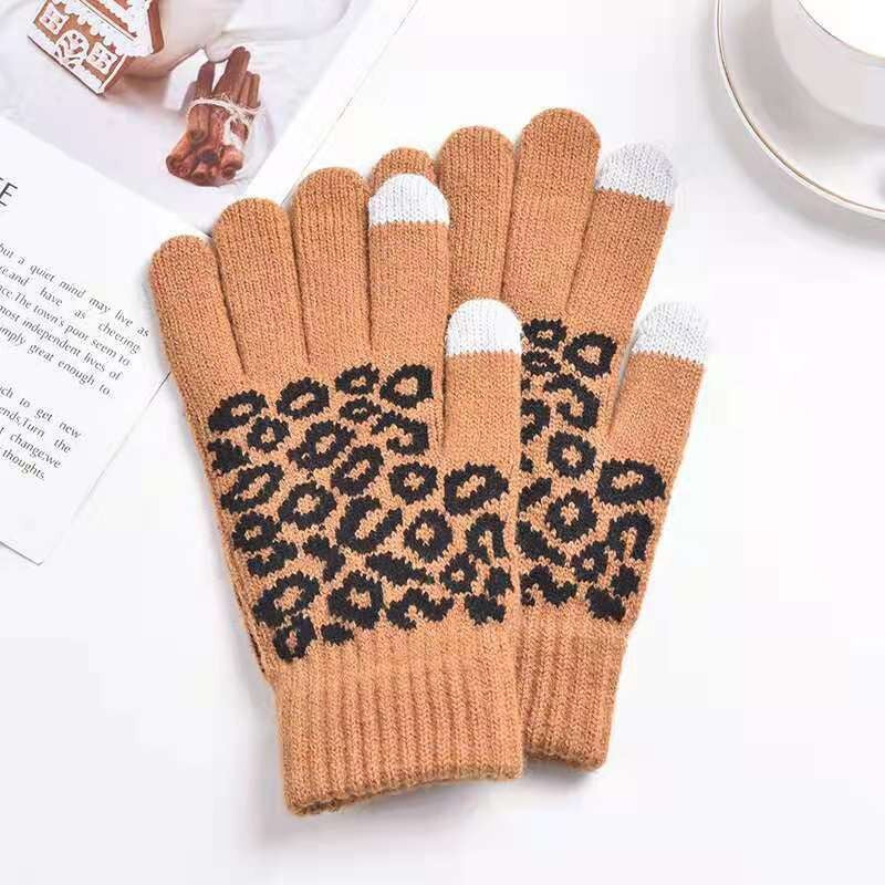 Gestrickte, warme Touchscreen-Winterhandschuhe mit Leopardenmuster