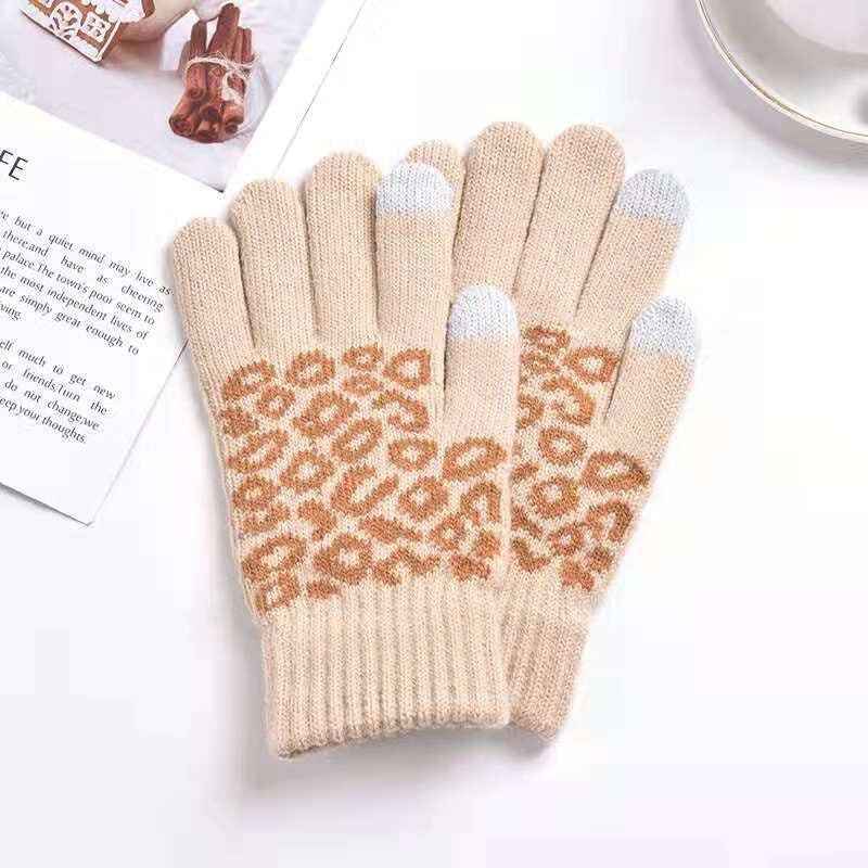 Gestrickte, warme Touchscreen-Winterhandschuhe mit Leopardenmuster
