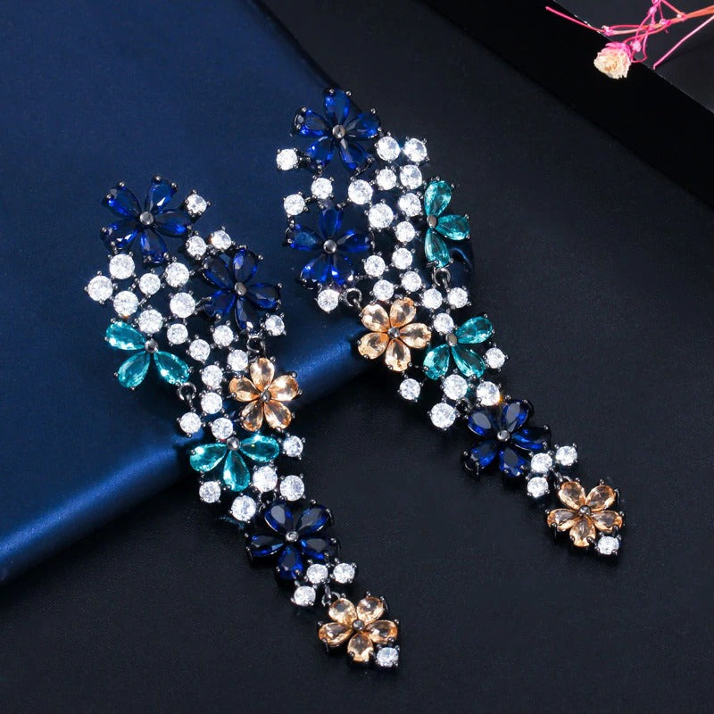 Glänzende Zirkon Blume Lange Tropfen Fashion Statement Ohrringe