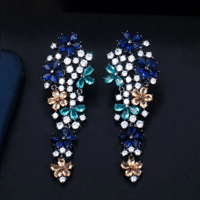 Glänzende Zirkon Blume Lange Tropfen Fashion Statement Ohrringe