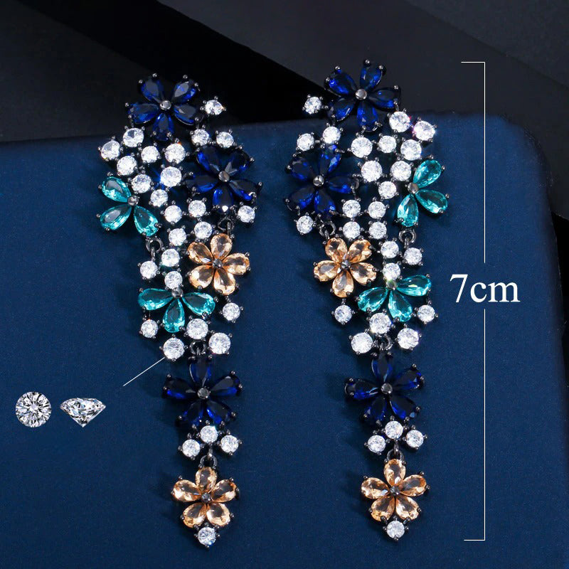 Glänzende Zirkon Blume Lange Tropfen Fashion Statement Ohrringe