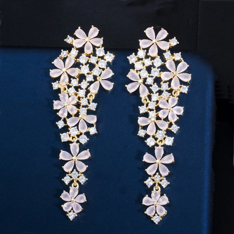 Glänzende Zirkon Blume Lange Tropfen Fashion Statement Ohrringe