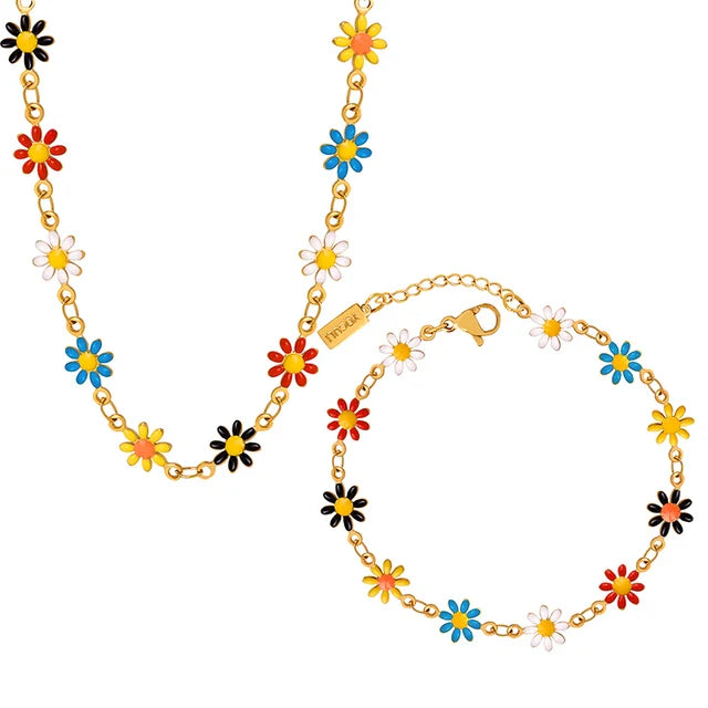Boho Blumenarmband-Set – Gänseblümchen-Anhänger, florales Glied, bunte Perlen