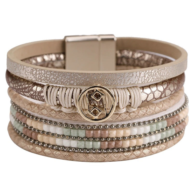 Mehrschichtige Armbänder aus veganem Leder mit böhmischen Perlen und Schlangenmuster