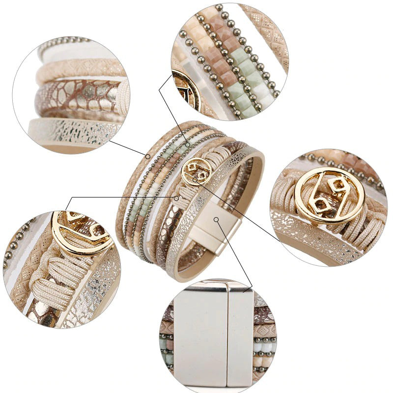 Mehrschichtige Armbänder aus veganem Leder mit böhmischen Perlen und Schlangenmuster