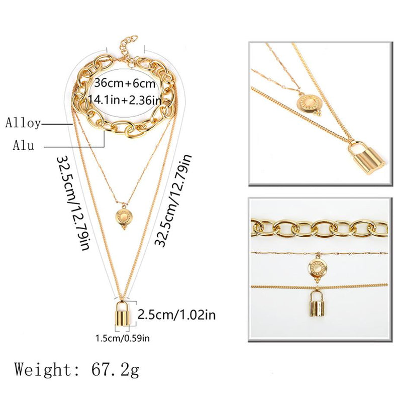 Mehrlagige Halskette mit kantigem Schloss und Ketten