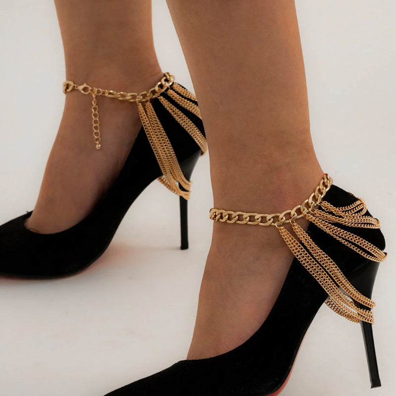 Mehrlagige High Heel Fußkettchen mit Gliederkette und Quaste