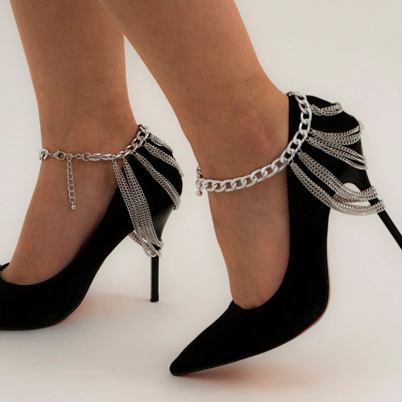 Mehrlagige High Heel Fußkettchen mit Gliederkette und Quaste
