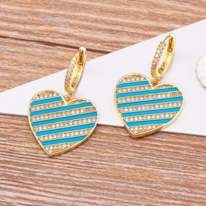 Mehrfarbige, süße und romantische, mit Strasssteinen verzierte Emaille-Herz-Ohrhänger
