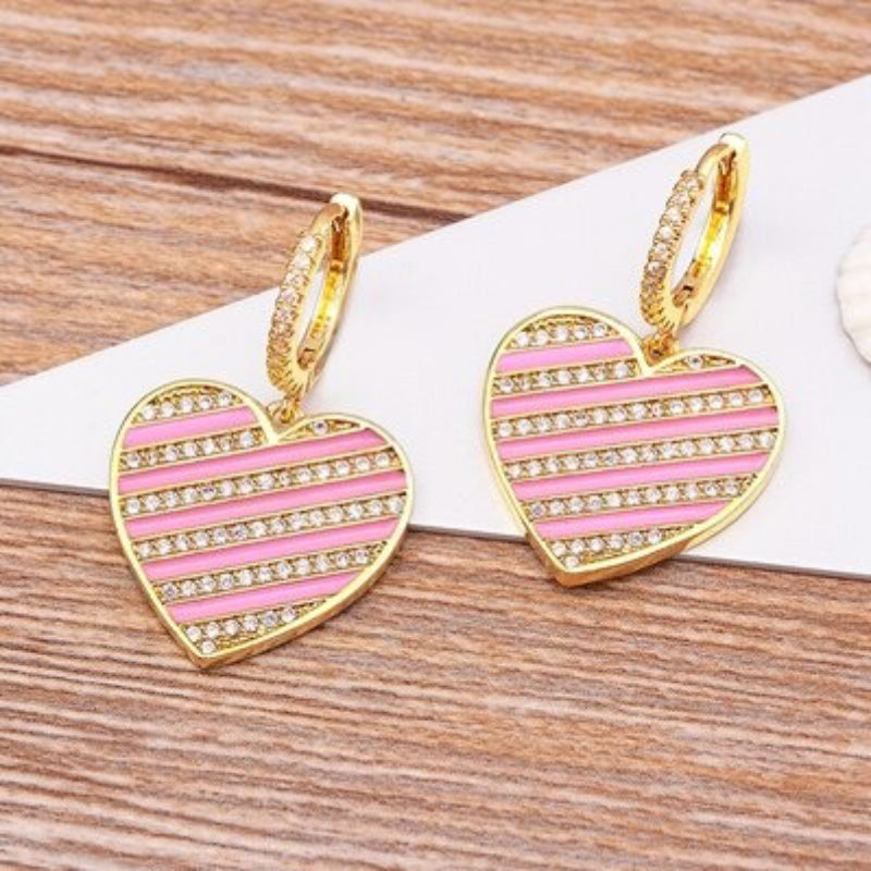 Mehrfarbige, süße und romantische, mit Strasssteinen verzierte Emaille-Herz-Ohrhänger