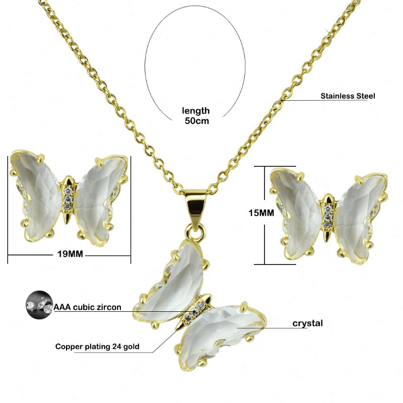 Schmuckset mit mehrfarbigen Zirkonia-Schmetterlingsohrringen und Halskette