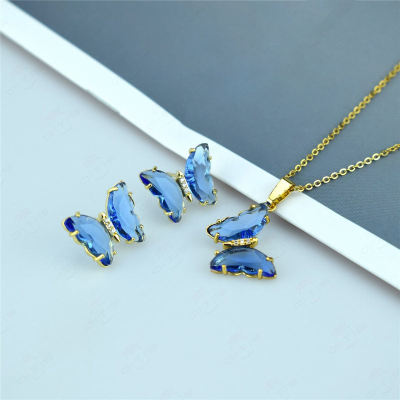 Schmuckset mit mehrfarbigen Zirkonia-Schmetterlingsohrringen und Halskette