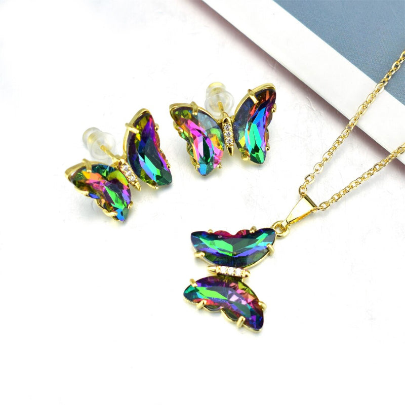 Schmuckset mit mehrfarbigen Zirkonia-Schmetterlingsohrringen und Halskette