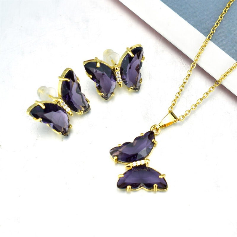 Schmuckset mit mehrfarbigen Zirkonia-Schmetterlingsohrringen und Halskette