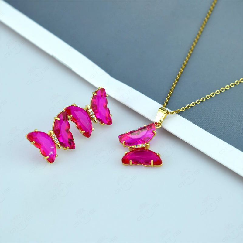 Schmuckset mit mehrfarbigen Zirkonia-Schmetterlingsohrringen und Halskette