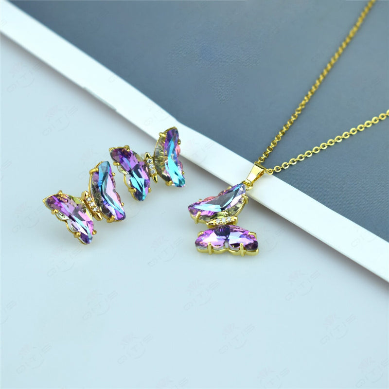 Schmuckset mit mehrfarbigen Zirkonia-Schmetterlingsohrringen und Halskette