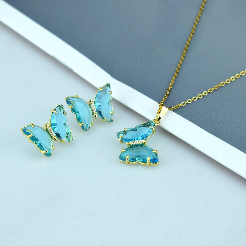 Schmuckset mit mehrfarbigen Zirkonia-Schmetterlingsohrringen und Halskette