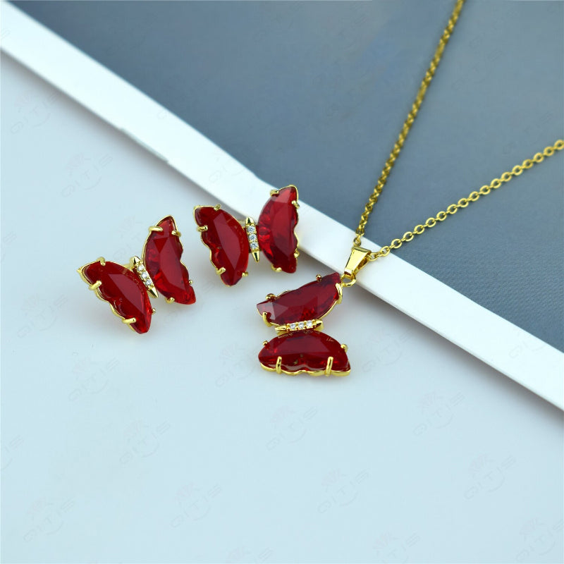 Schmuckset mit mehrfarbigen Zirkonia-Schmetterlingsohrringen und Halskette