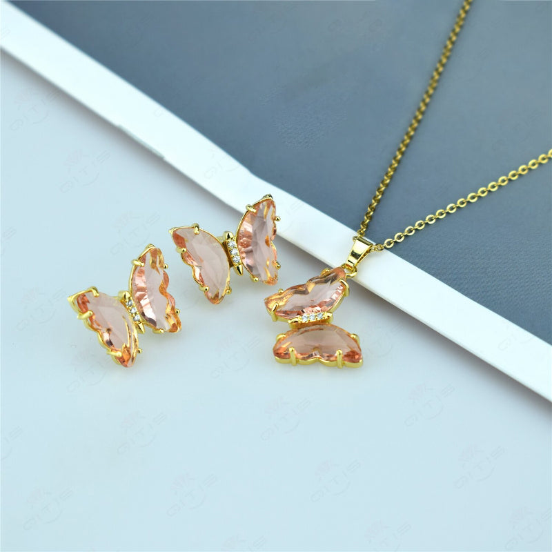 Schmuckset mit mehrfarbigen Zirkonia-Schmetterlingsohrringen und Halskette