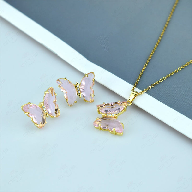 Schmuckset mit mehrfarbigen Zirkonia-Schmetterlingsohrringen und Halskette