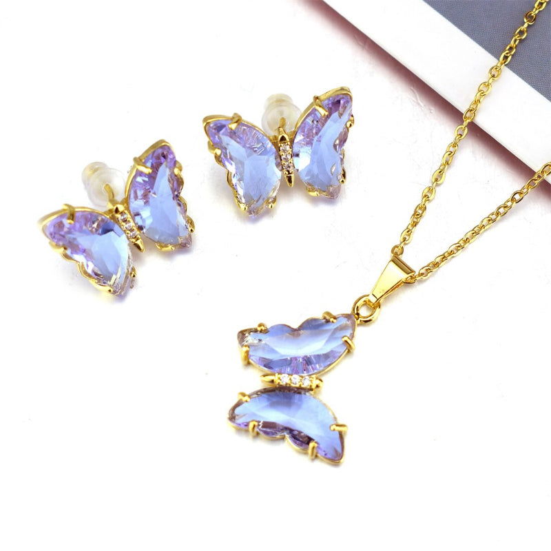 Schmuckset mit mehrfarbigen Zirkonia-Schmetterlingsohrringen und Halskette
