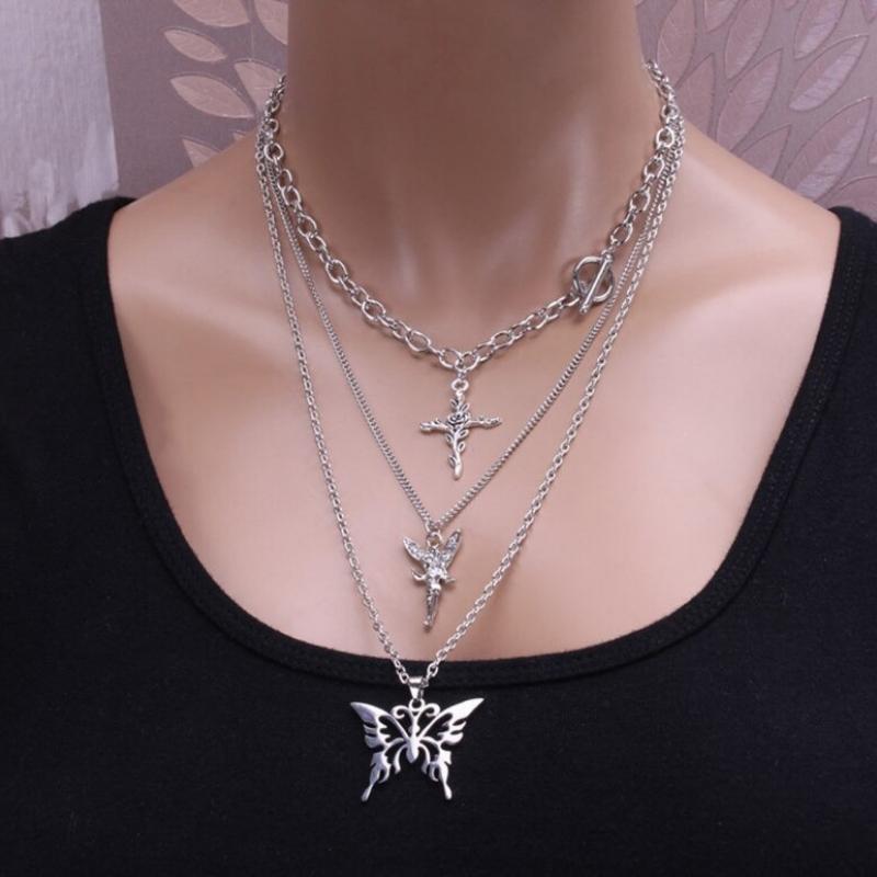 Mehrlagige Halskette mit Engel, Rosenkreuz und Schmetterling