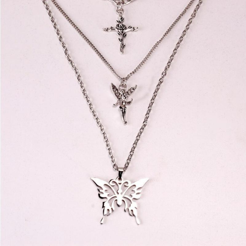 Mehrlagige Halskette mit Engel, Rosenkreuz und Schmetterling