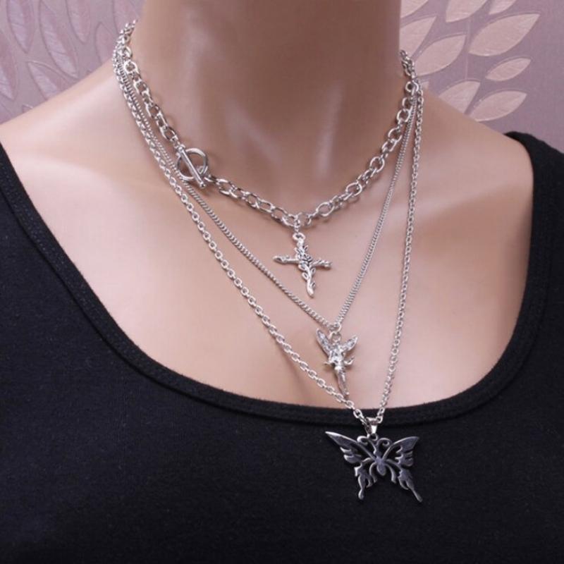 Mehrlagige Halskette mit Engel, Rosenkreuz und Schmetterling