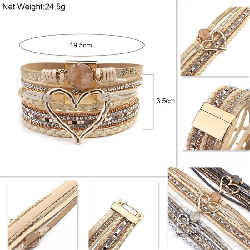 Mehrlagige geflochtene Wickelarmbänder aus veganem Leder mit Herzanhänger aus Metall