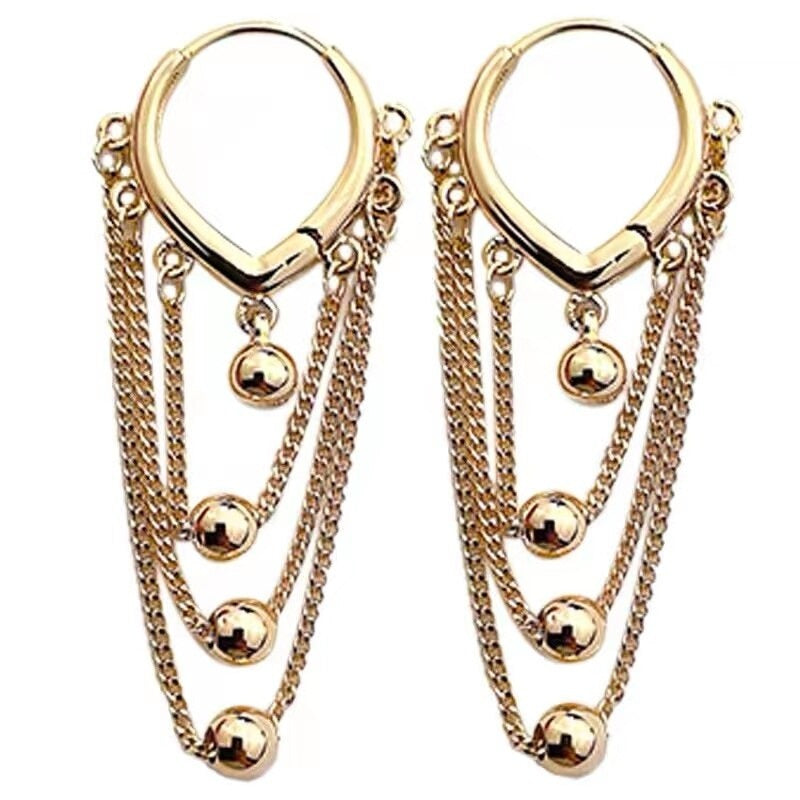 Mehrlagige Kettenquasten mit Metallkugel-Anhänger-Ohrringe