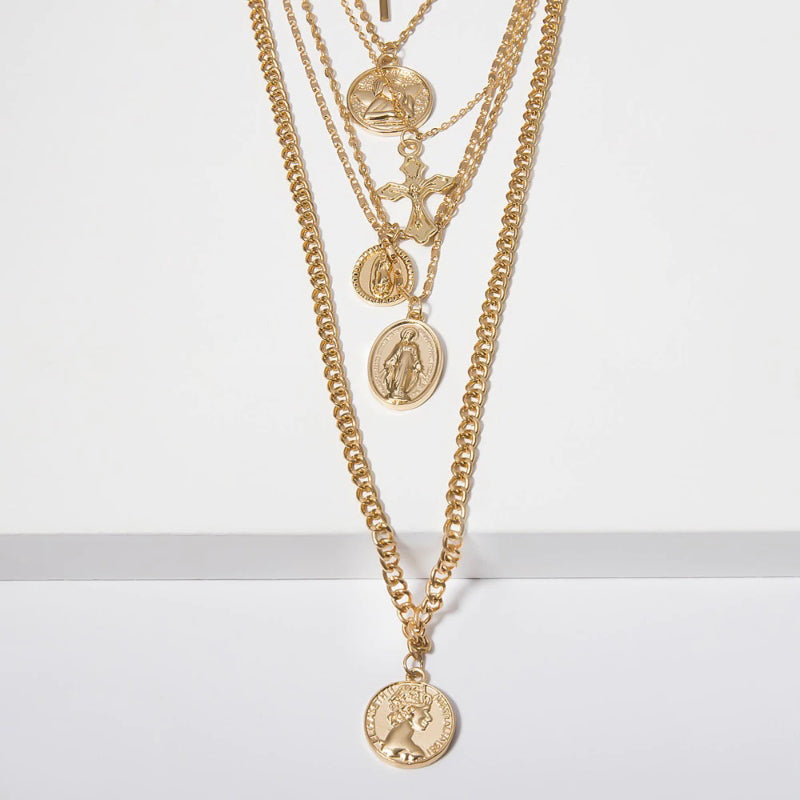 Mehrlagige Modeketten mit geschnitzten Münz-, Kreuz-, Herz- und Schlossanhängern
