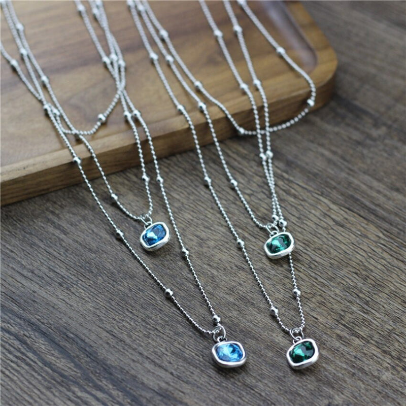 Mehrschichtiger quadratischer Strass-Anhänger mit Perlenkette, lange Halsketten