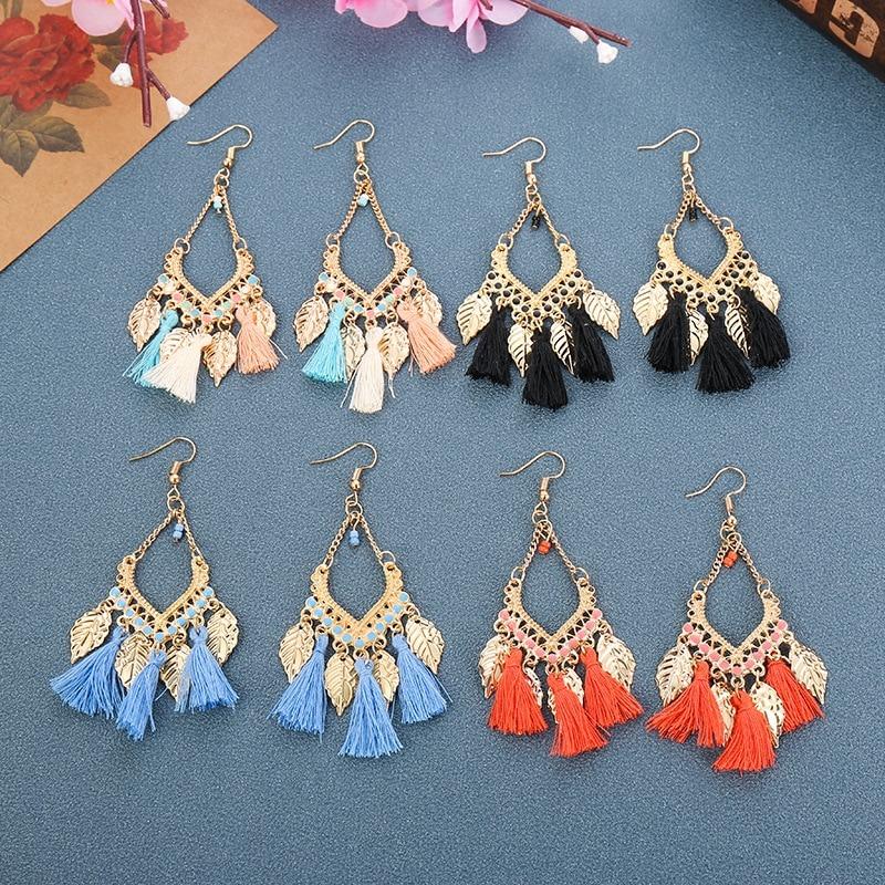 Mehrfarbige Bohemian Trend Blatt Quaste Tropfen Ohrringe