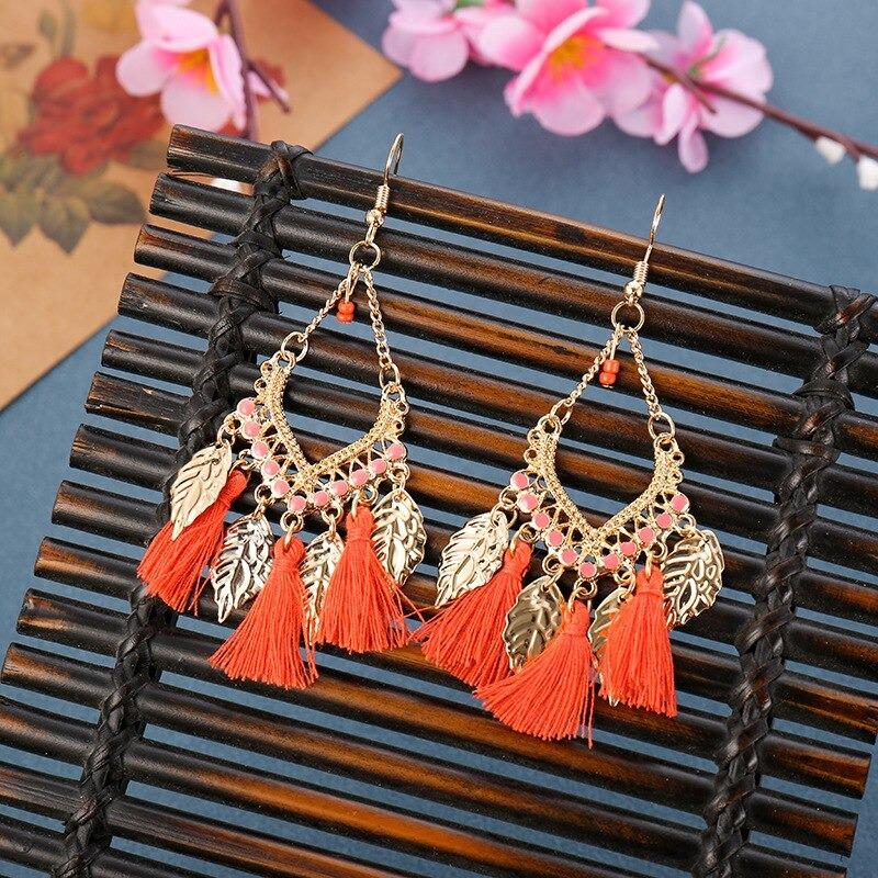 Mehrfarbige Bohemian Trend Blatt Quaste Tropfen Ohrringe