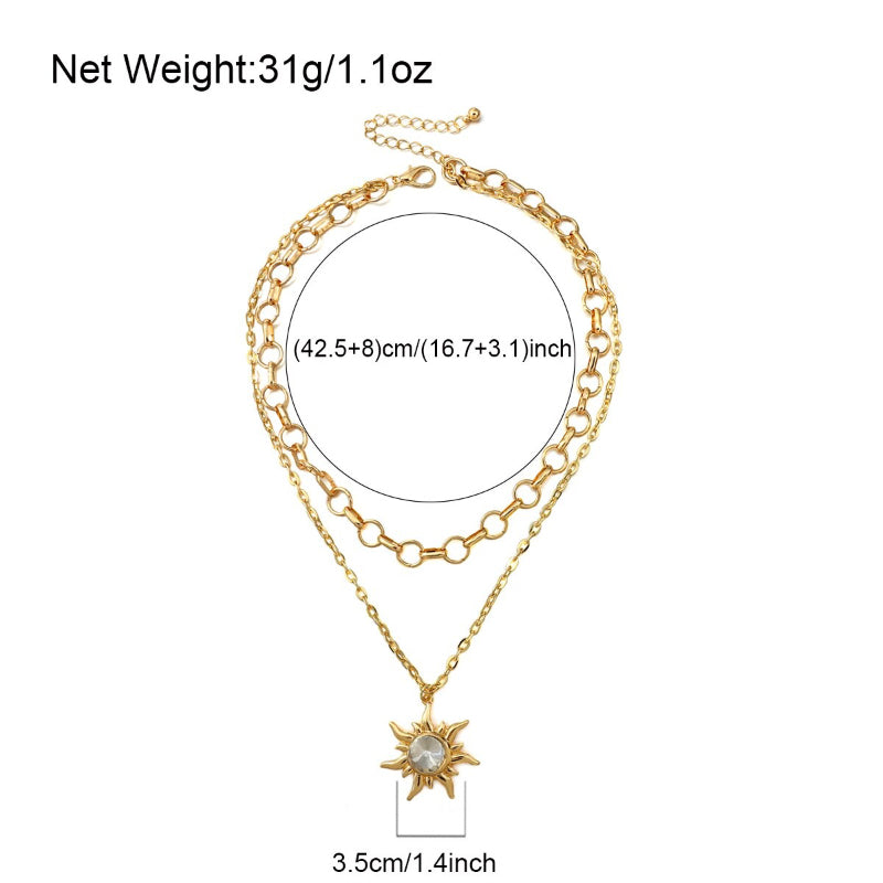 Mehrlagige, klobige Ketten mit Halsketten mit Sonnenanhänger aus Strass