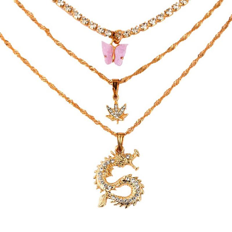 Mehrreihige Halskette mit Drachen-, Kreuz- und Schmetterlingsanhänger