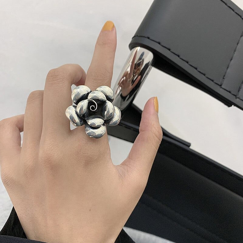 Übergroße verstellbare Ringe aus Sterlingsilber mit Vintage-Blumen