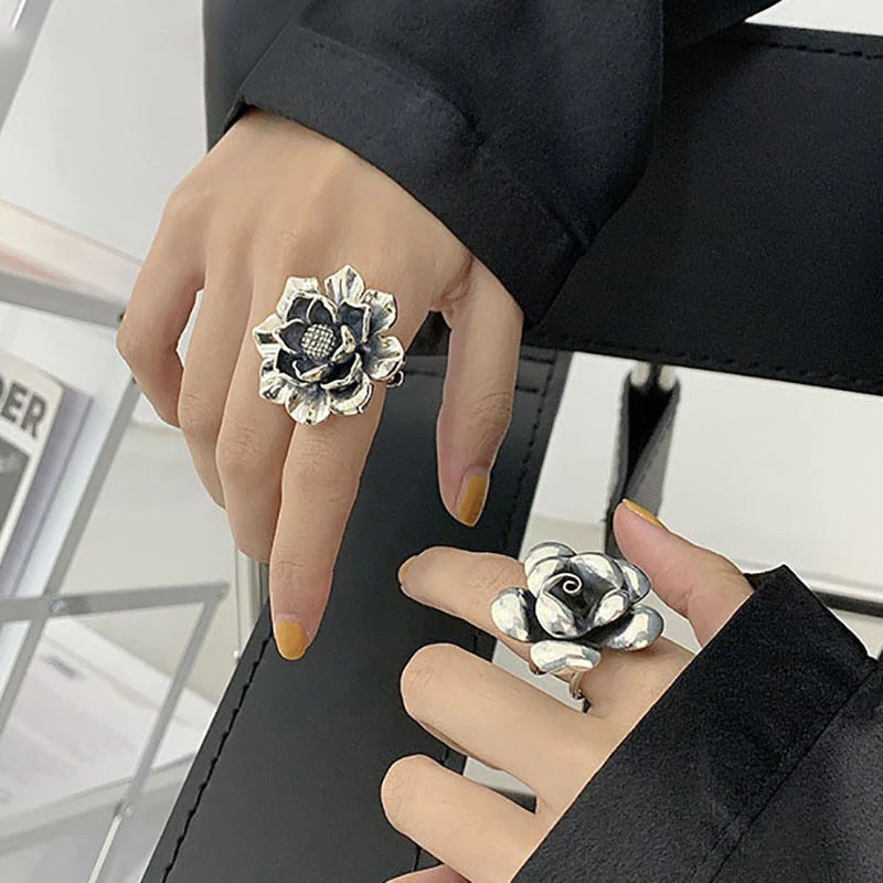 Übergroße verstellbare Ringe aus Sterlingsilber mit Vintage-Blumen