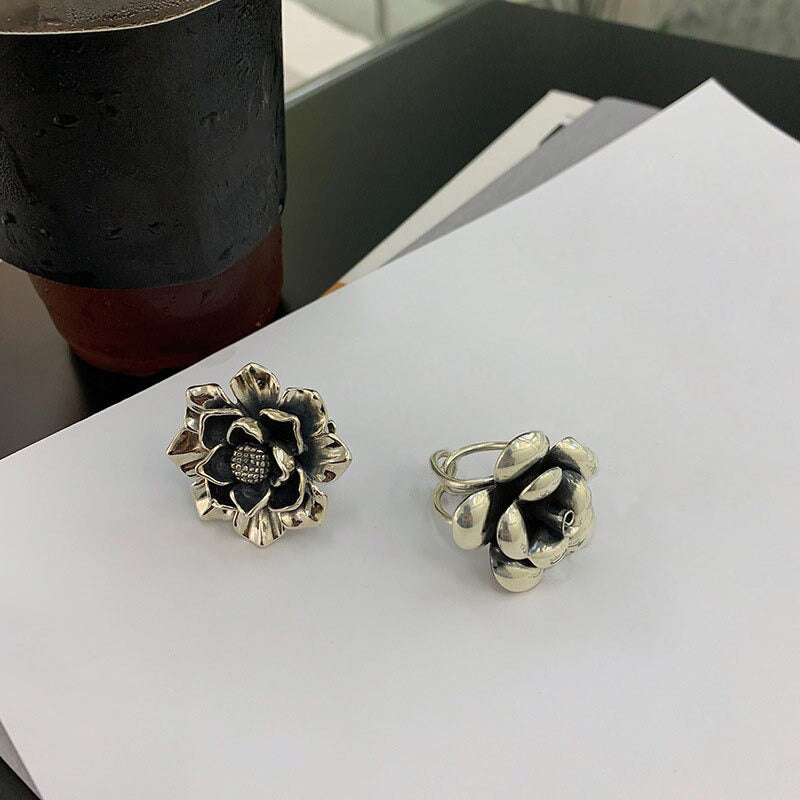 Übergroße verstellbare Ringe aus Sterlingsilber mit Vintage-Blumen