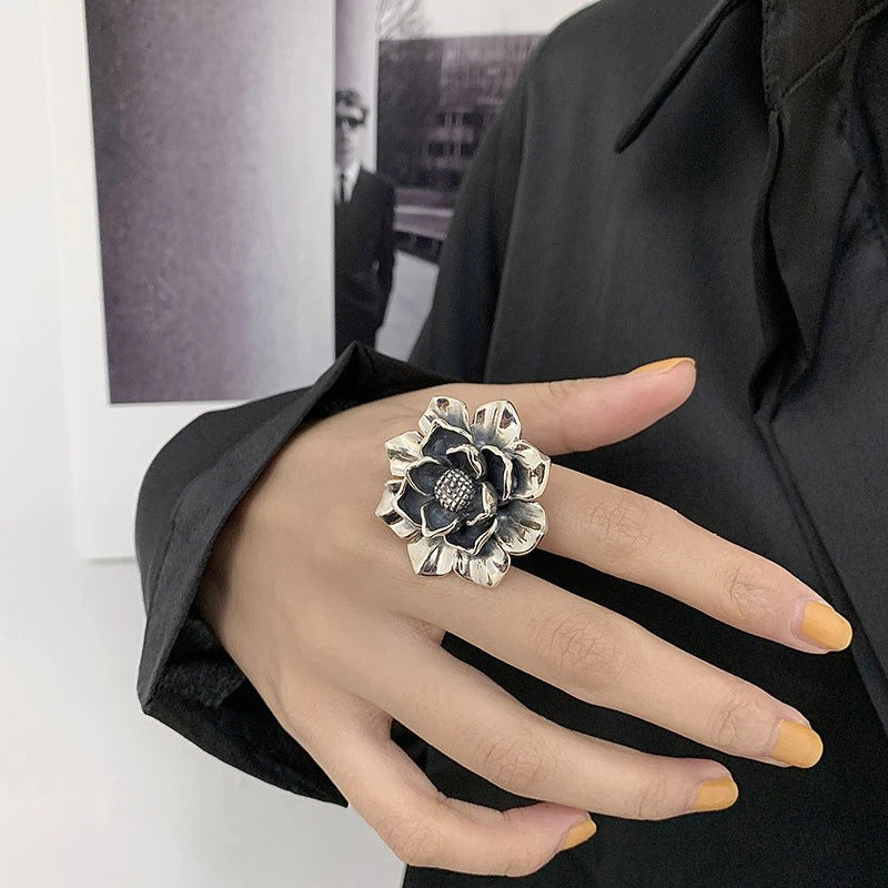 Übergroße verstellbare Ringe aus Sterlingsilber mit Vintage-Blumen