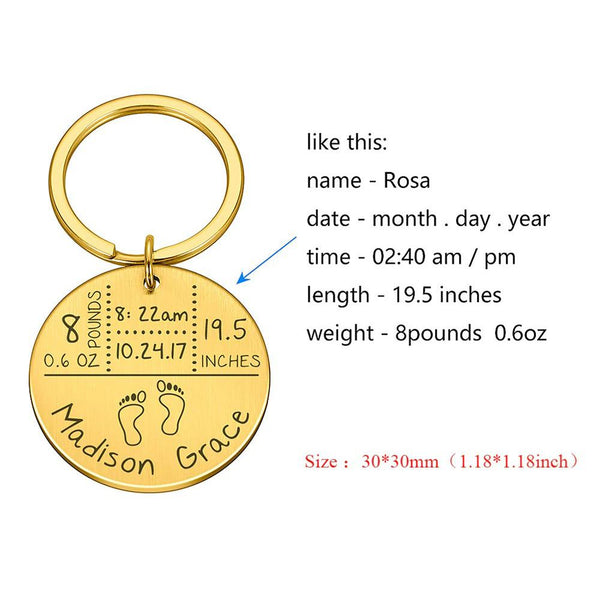 Personalisierter Schlüsselanhänger mit Namen und Geburtstag des Neugeborenen