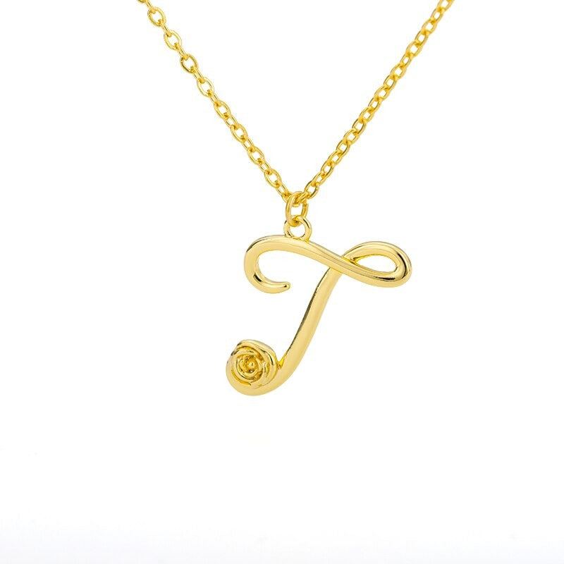 Personalisierte Halsketten mit Anhänger im Rosenblütenstil mit Anfangsbuchstaben A-Z