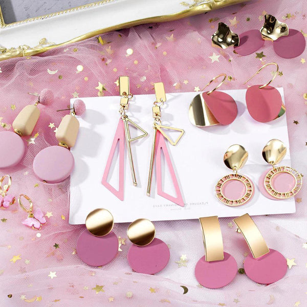 Geometrische Tropfenohrringe mit rosa und sehr Peri-Motiv