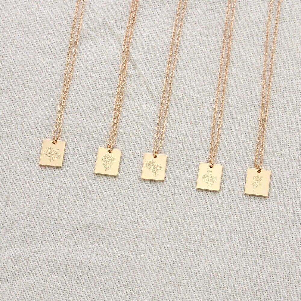 Rechteckige Halskette mit Geburtsmonatsblumen-Anhänger