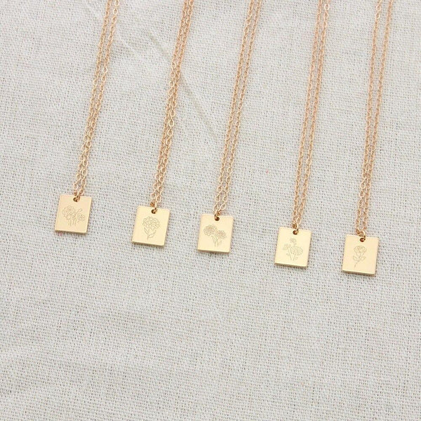 Rechteckige Halskette mit Geburtsmonatsblumen-Anhänger