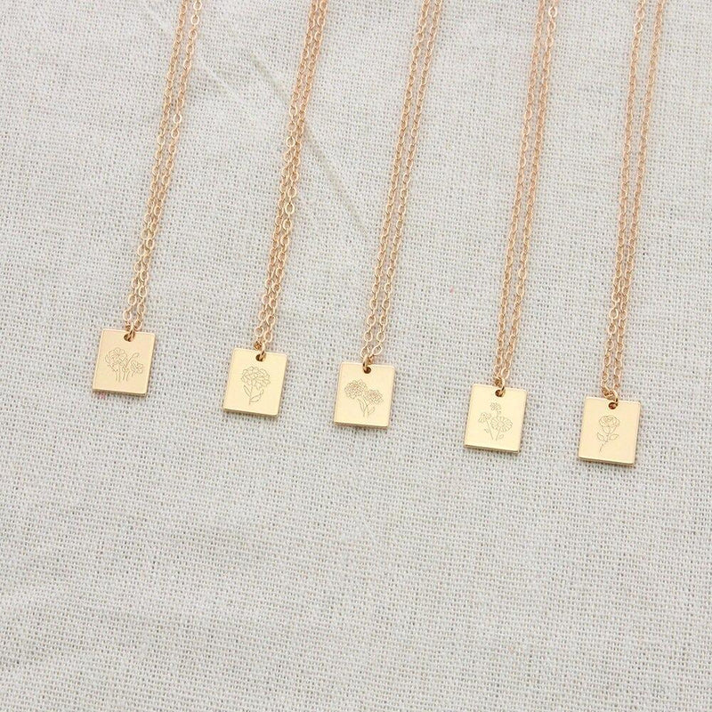 Rechteckige Halskette mit Geburtsmonatsblumen-Anhänger