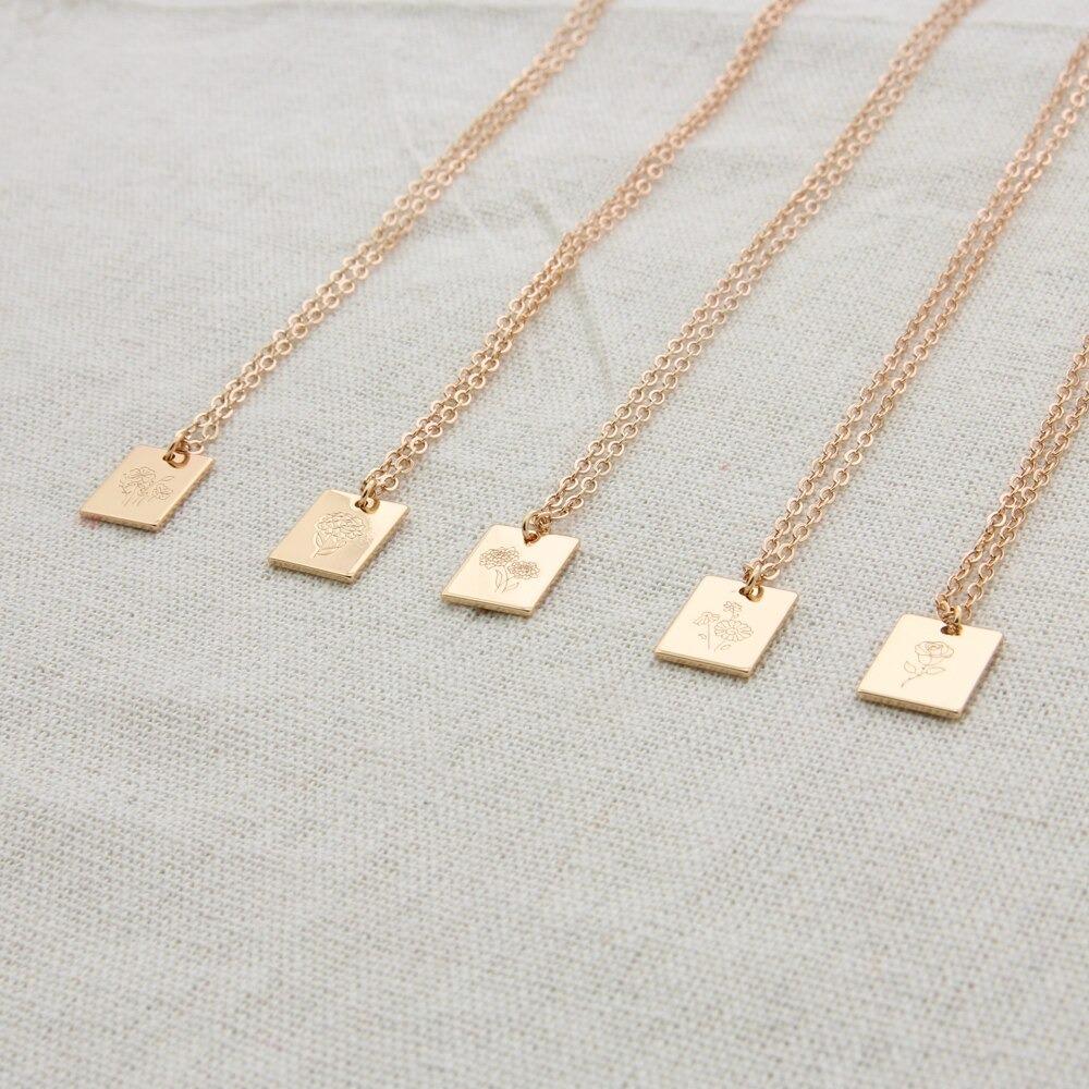 Rechteckige Halskette mit Geburtsmonatsblumen-Anhänger