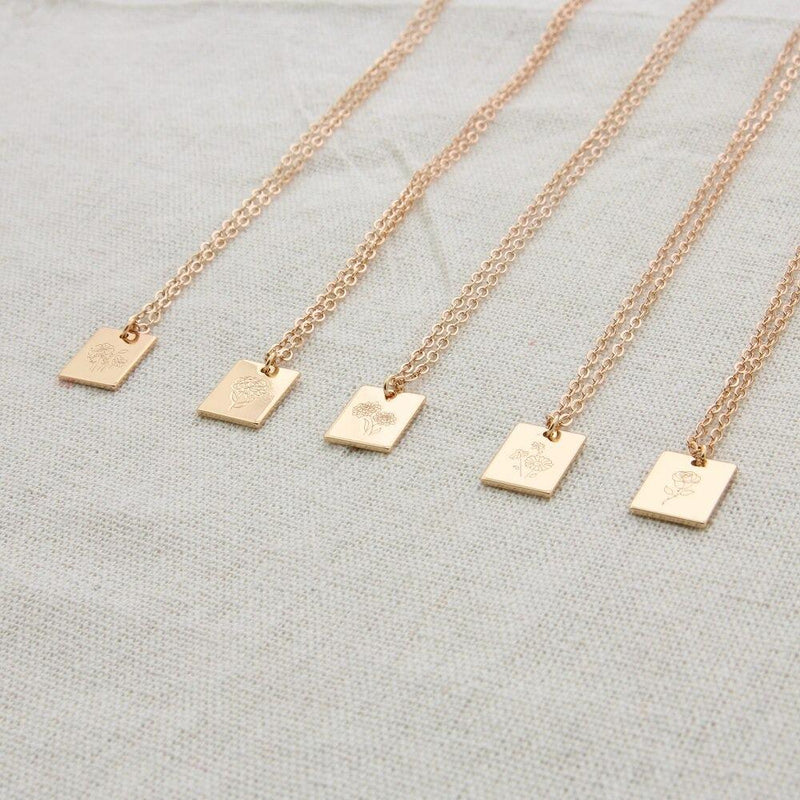 Rechteckige Halskette mit Geburtsmonatsblumen-Anhänger