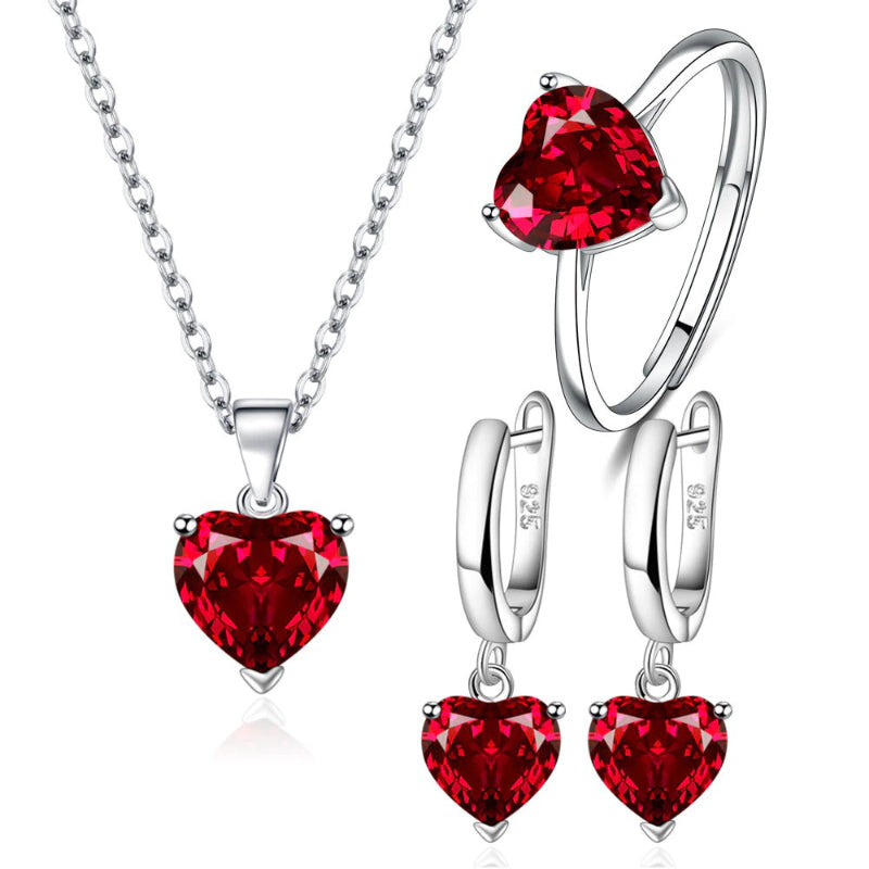 Elegantes 925 Silber Herz Schmuckset - Ring, Ohrringe, Halskette