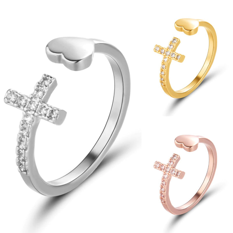 Verstellbare Ringe mit Heiligem Kreuz und Herz und Strassbesatz
